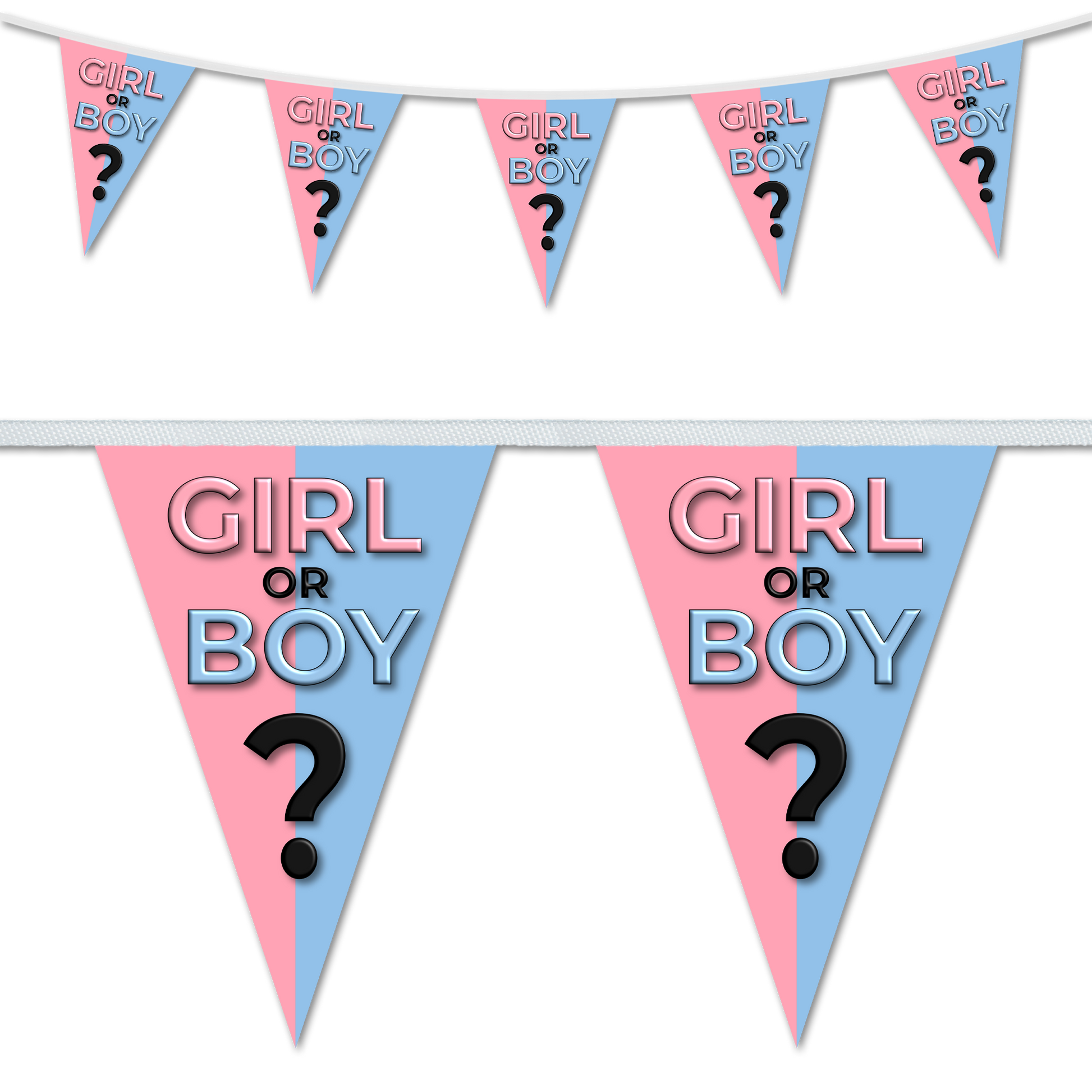Gender reveal bunting with a split blue and pink design, ideal of gender reveal parties