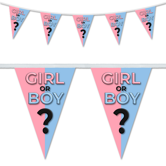 Gender reveal bunting with a split blue and pink design, ideal of gender reveal parties