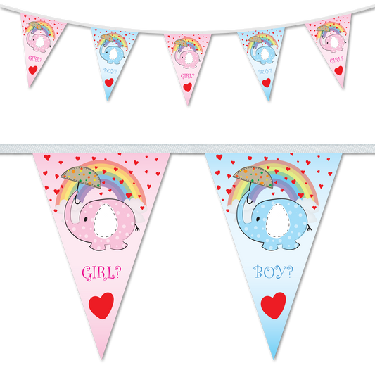 Gender reveal bunting featuring an cute elephant design, ideal of gender reveal parties