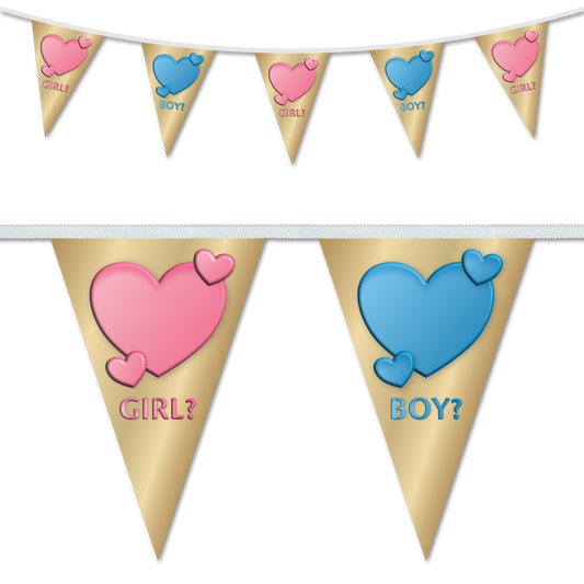 Gender reveal bunting featuring a golden design with pink and blue love hearts, ideal of gender reveal parties