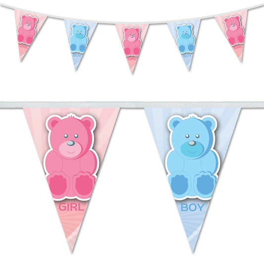 Gender reveal bunting featuring a teddy bear design, ideal of gender reveal parties