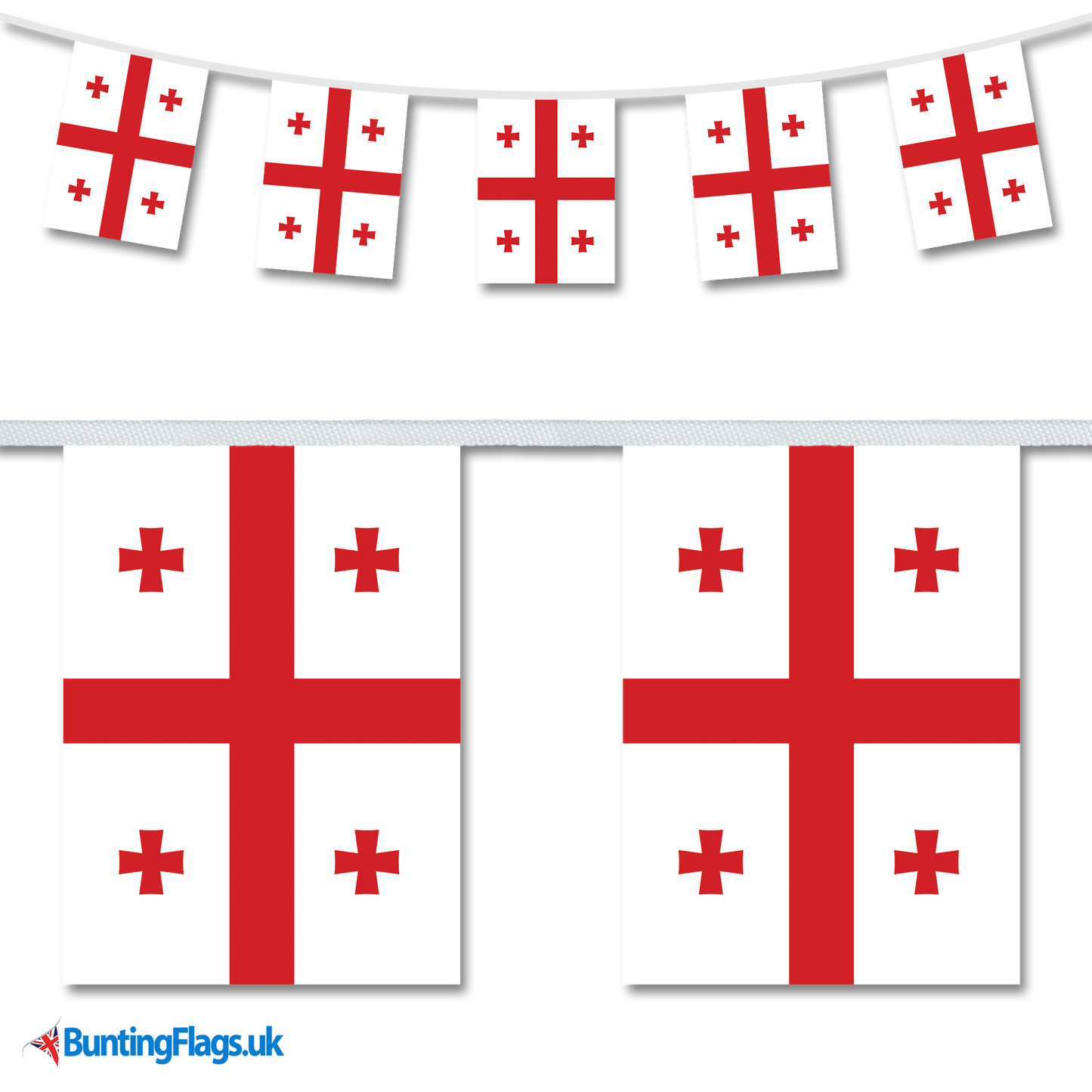 Georgia country flag bunting image, with the bunting hanging in a length, plus a close-up view showcasing the flag's colourful design.