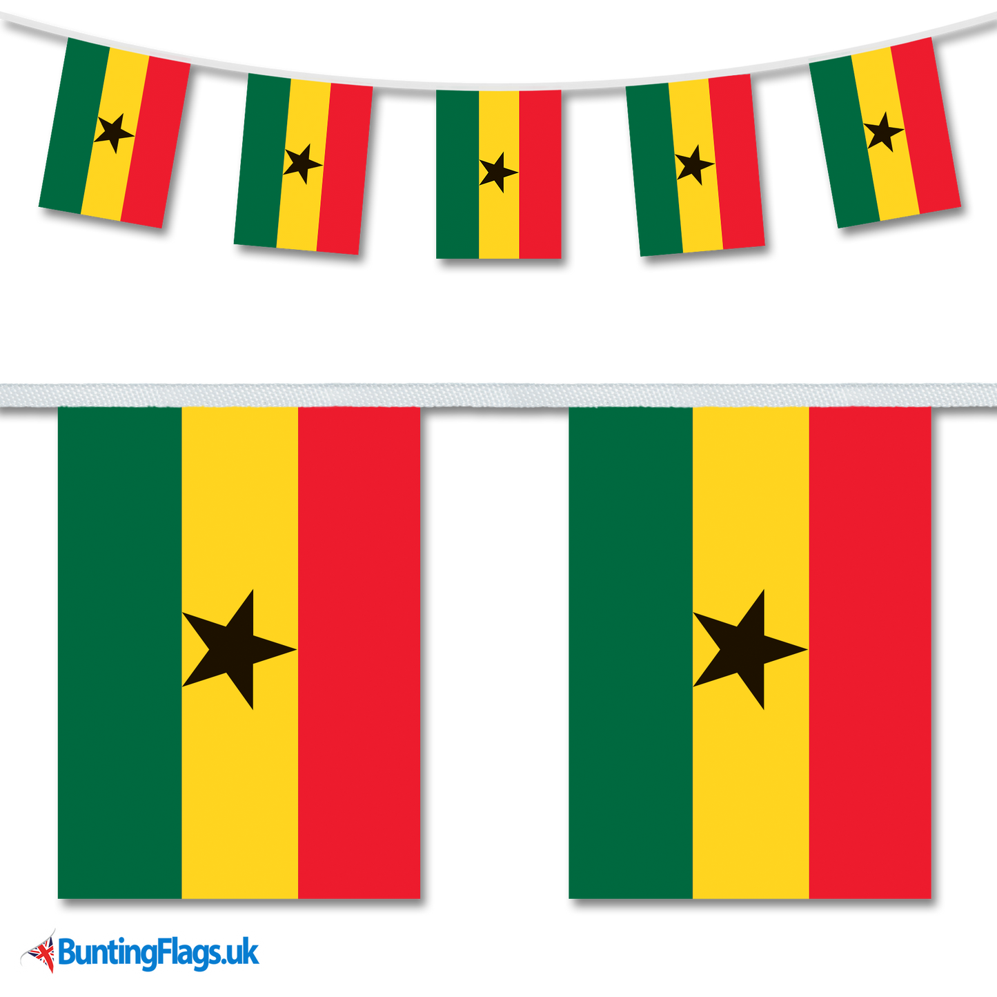 Ghana country flag bunting image, with the bunting hanging in a length, plus a close-up view showcasing the flag's colourful design.
