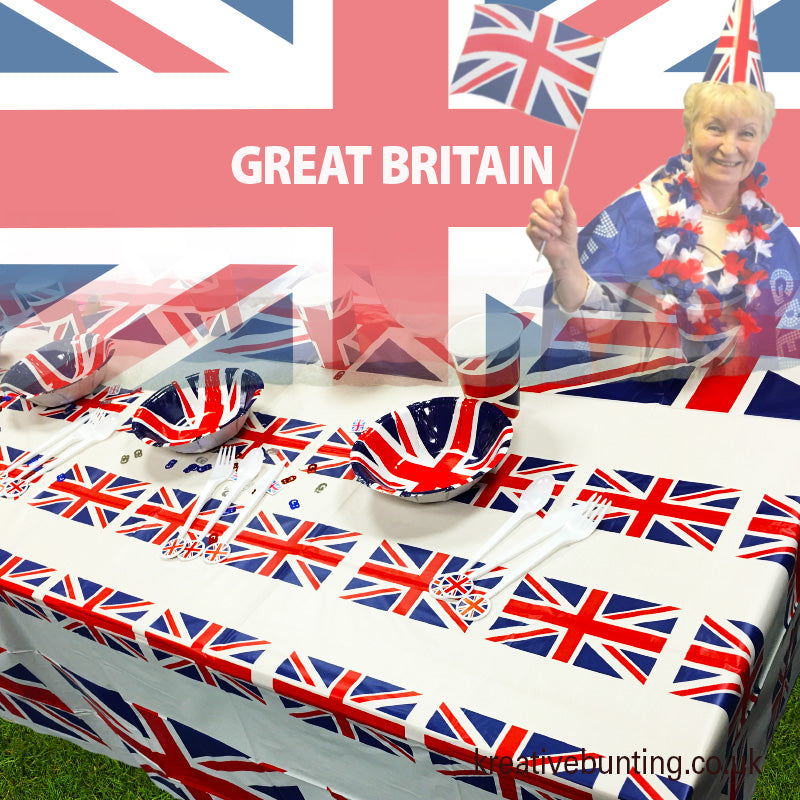 A paper tablecloth with a Union Jack design displayed on a table. Party Decorations