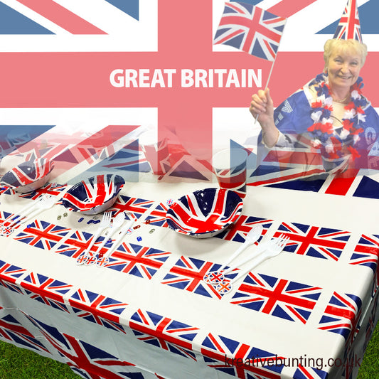A paper tablecloth with a Union Jack design displayed on a table. Party Decorations