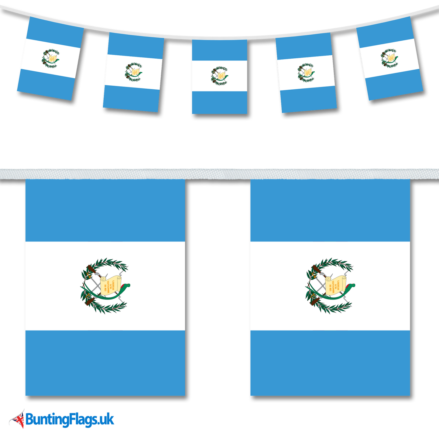 Guatemala country flag bunting image, with the bunting hanging in a length, plus a close-up view showcasing the flag's colourful design.