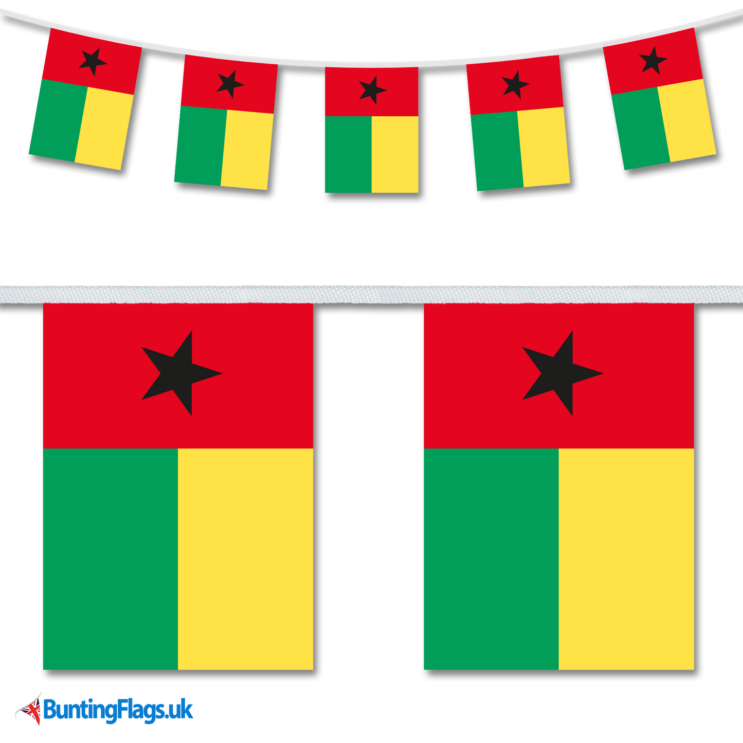 Guinea-Bissau country flag bunting image, with the bunting hanging in a length, plus a close-up view showcasing the flag's colourful design.
