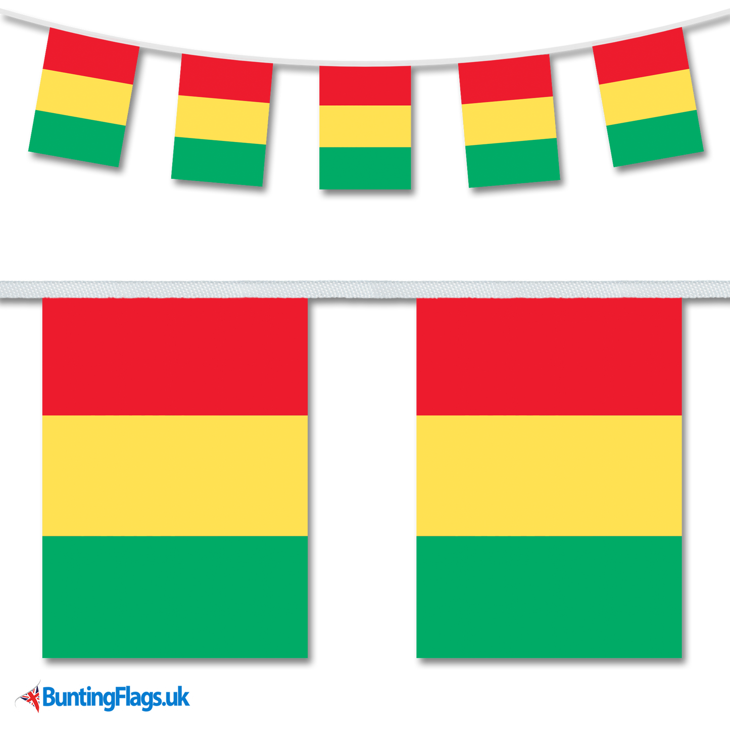 Guinea country flag bunting image, with the bunting hanging in a length, plus a close-up view showcasing the flag's colourful design.