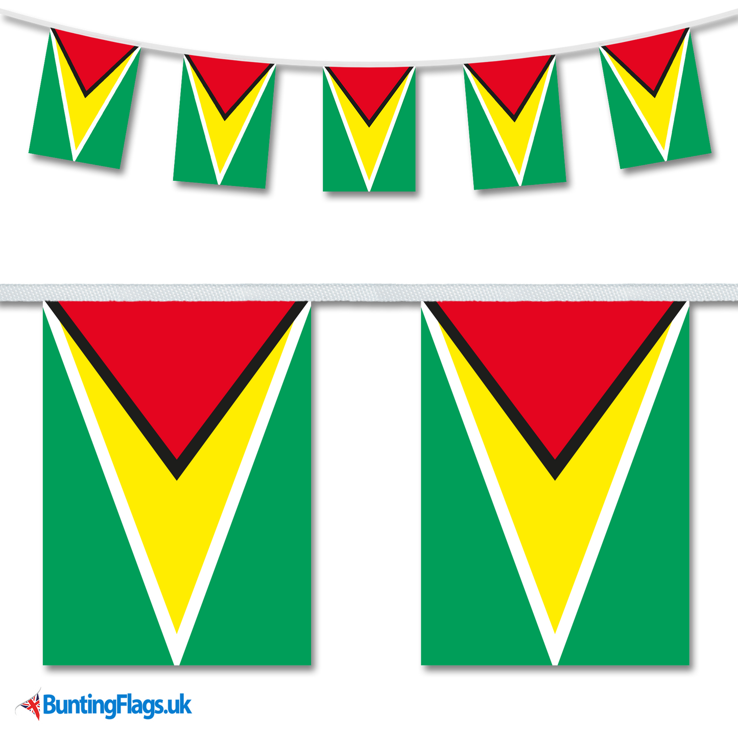 Guyana country flag bunting image, with the bunting hanging in a length, plus a close-up view showcasing the flag's colourful design.