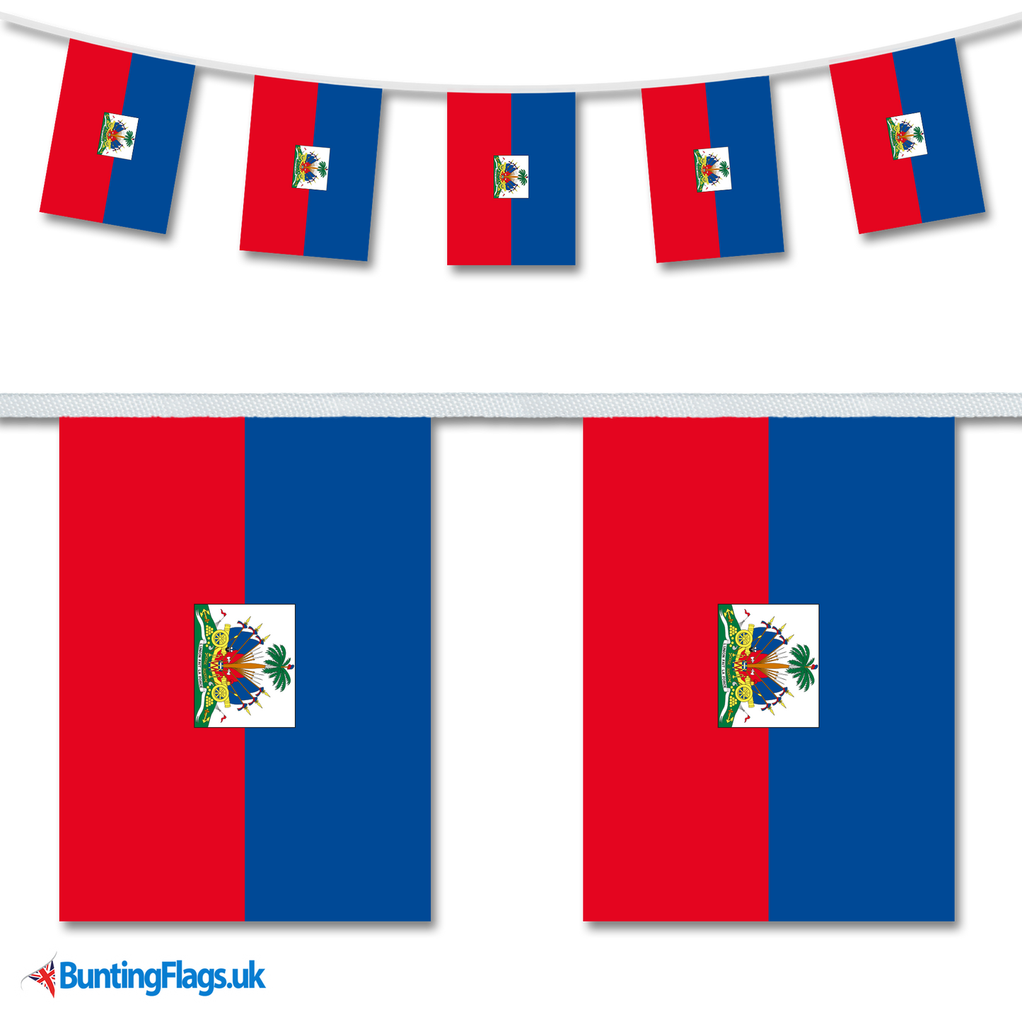 Haiti country flag bunting image, with the bunting hanging in a length, plus a close-up view showcasing the flag's colourful design