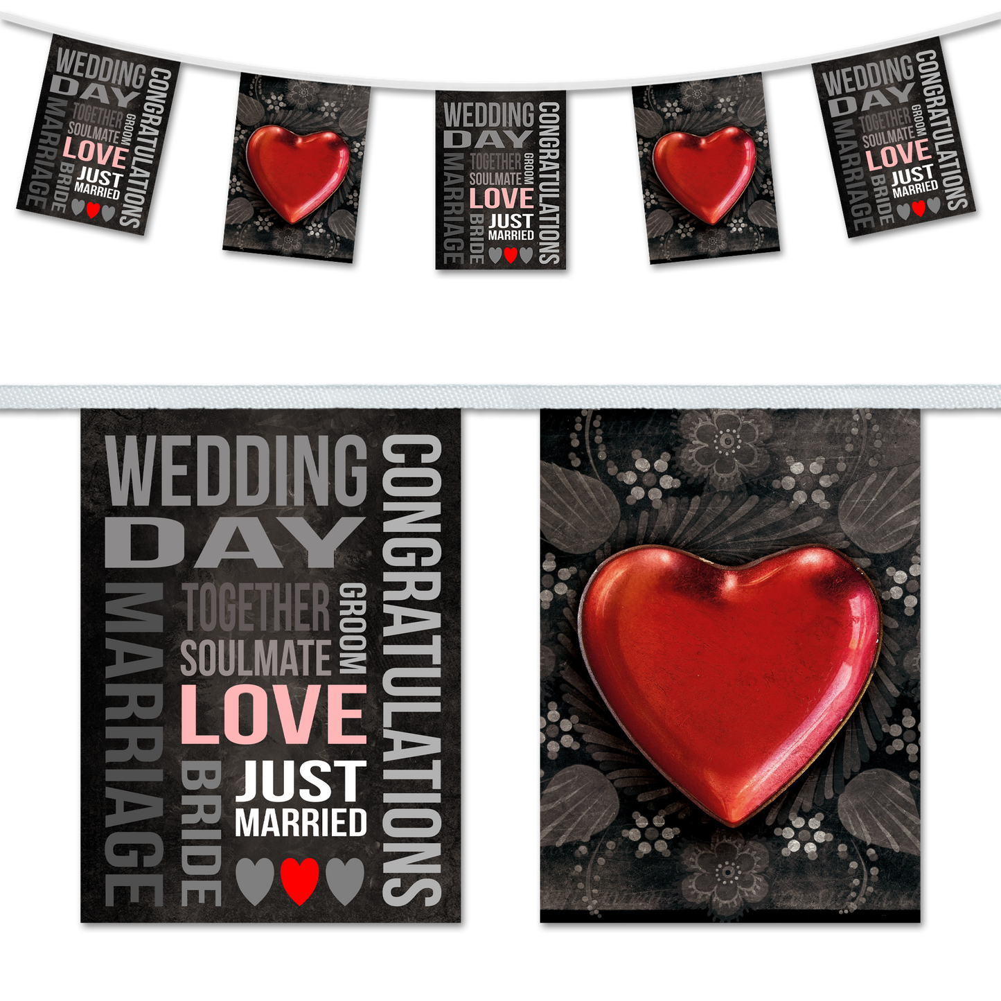 A series of wedding-themed bunting with the words 'WEDDING DAY' and 'JUST MARRIED' and a prominent red heart shape.
