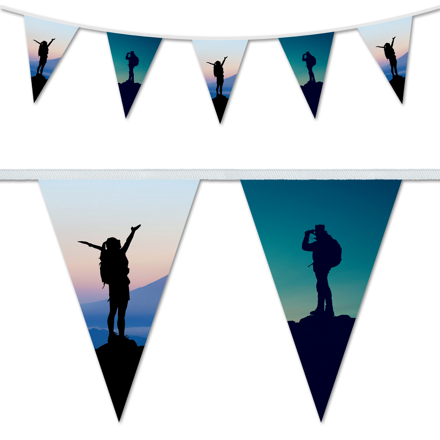 A series of triangular bunting flags with a hiking and silhouette design, featuring images of people hiking and enjoying the outdoors at dusk.