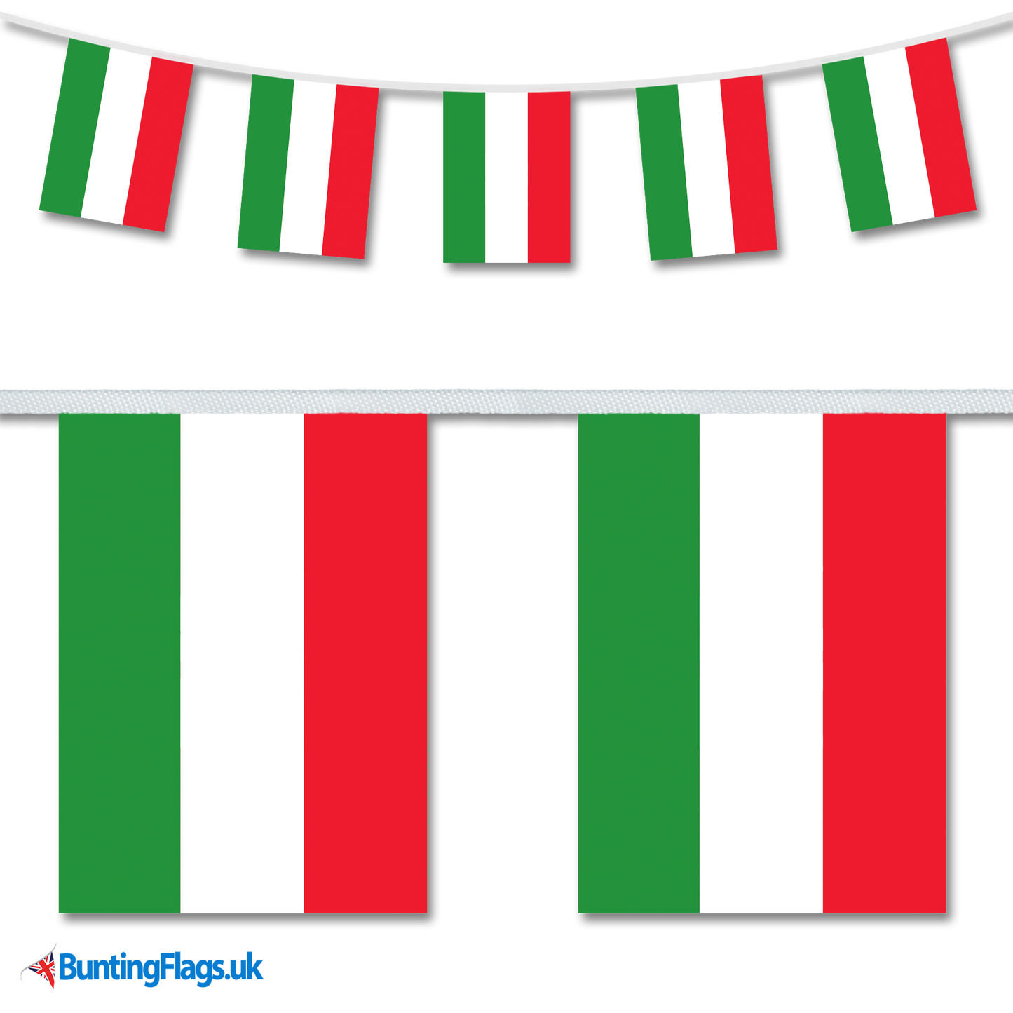 Hungary country flag bunting image, with the bunting hanging in a length, plus a close-up view showcasing the flag's colourful design.