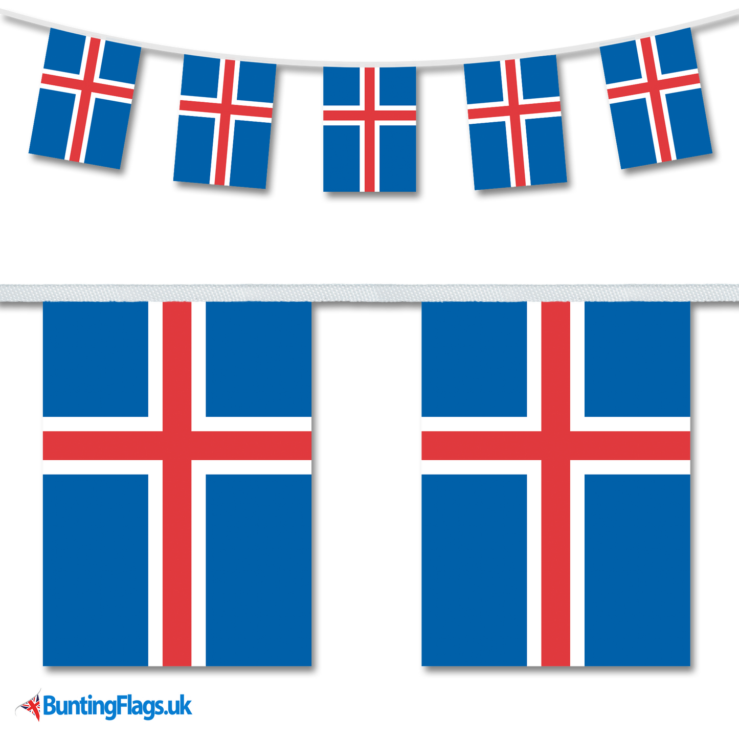 Iceland country flag bunting image, with the bunting hanging in a length, plus a close-up view showcasing the flag's colourful design.
