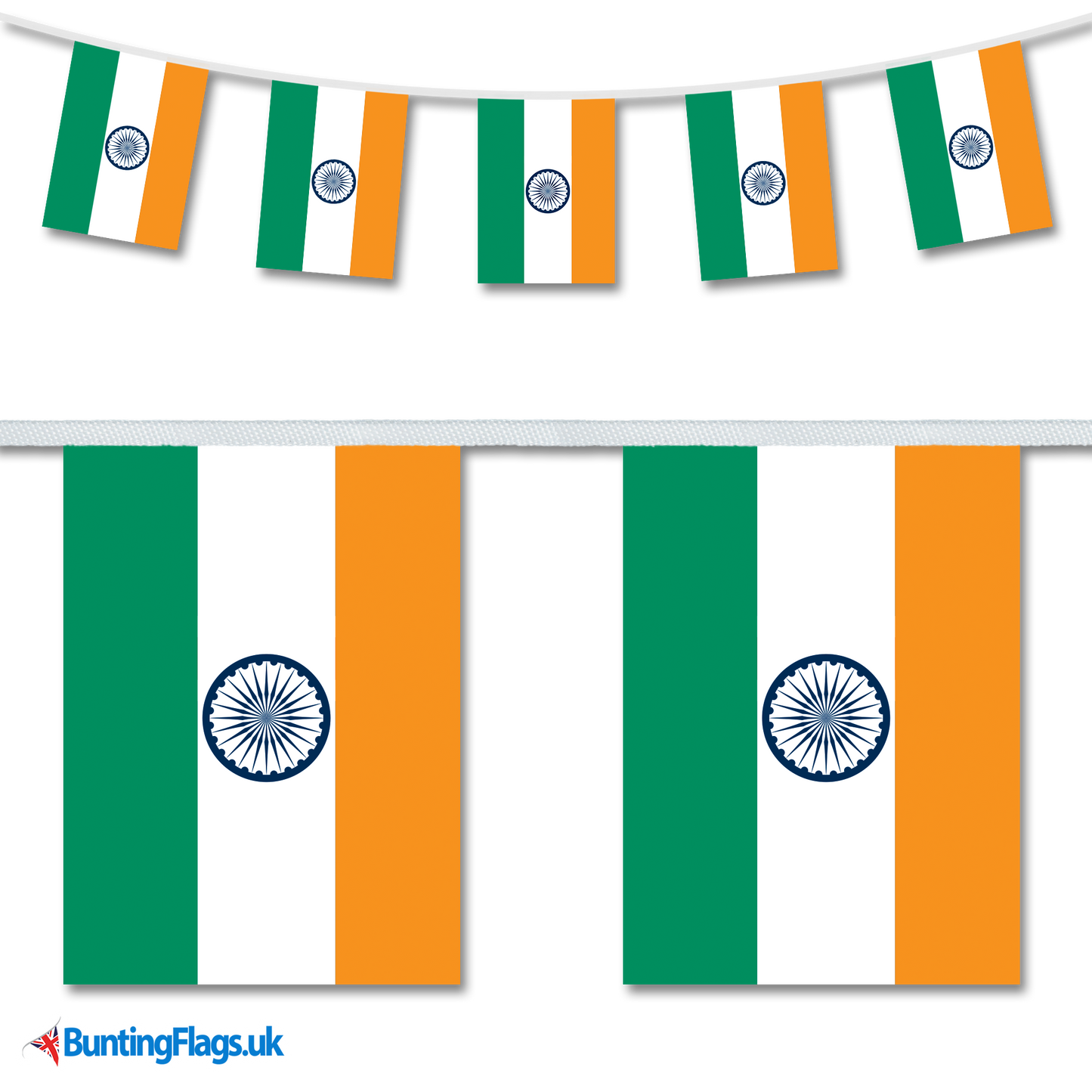 India country flag bunting image, with the bunting hanging in a length, plus a close-up view showcasing the flag's colourful design.
