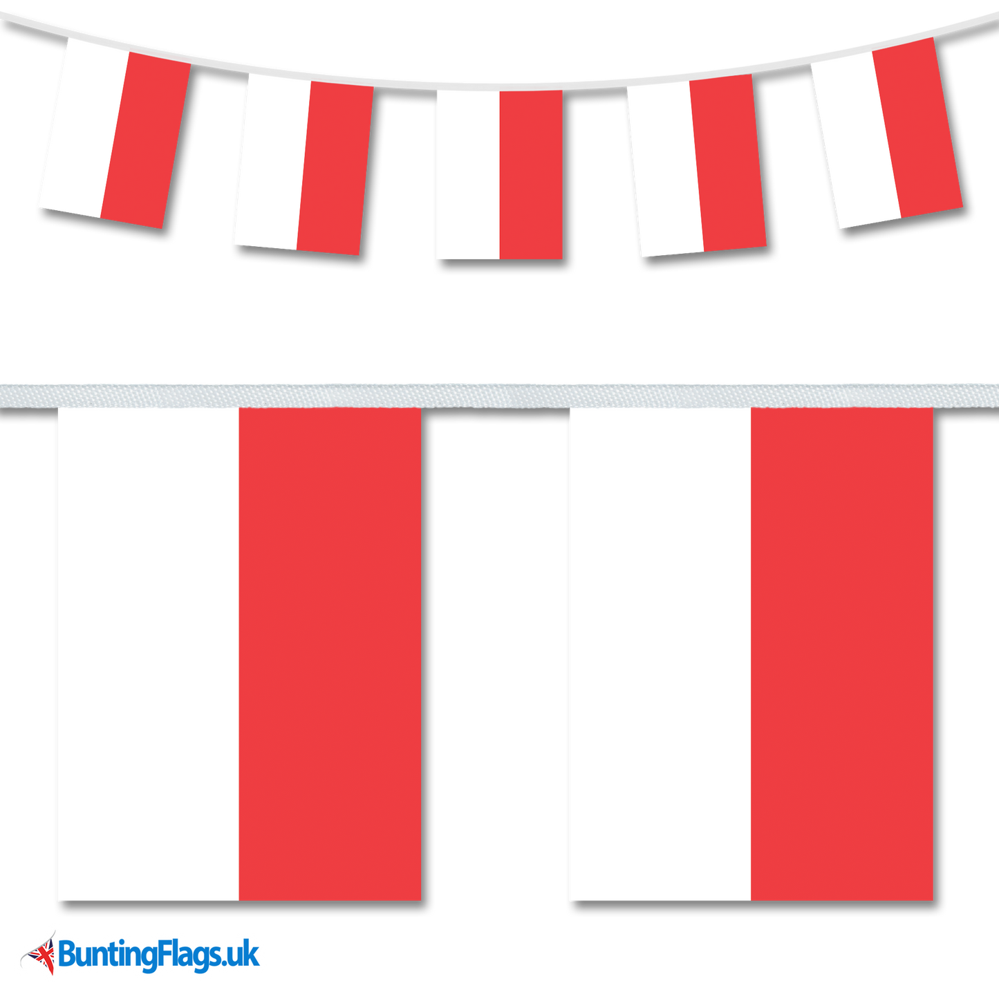 Indonesia country flag bunting image, with the bunting hanging in a length, plus a close-up view showcasing the flag's colourful design.