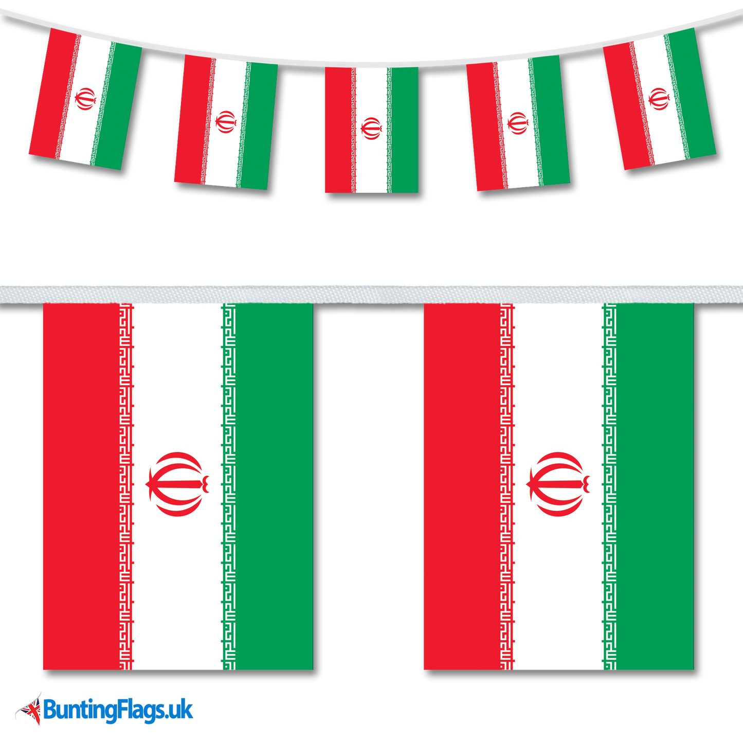 Iran country flag bunting image, with the bunting hanging in a length, plus a close-up view showcasing the flag's colourful design.