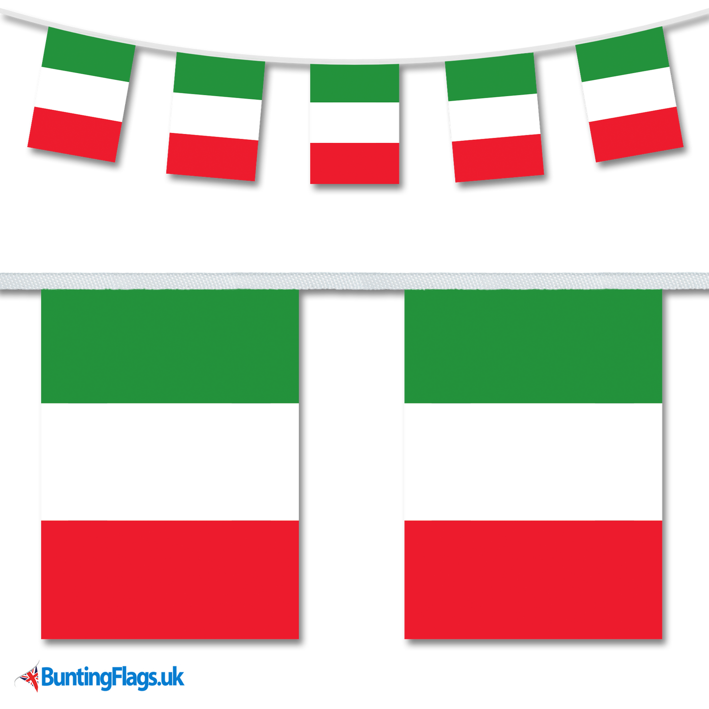 Italy country flag bunting image, with the bunting hanging in a length, plus a close-up view showcasing the flag's colourful design.