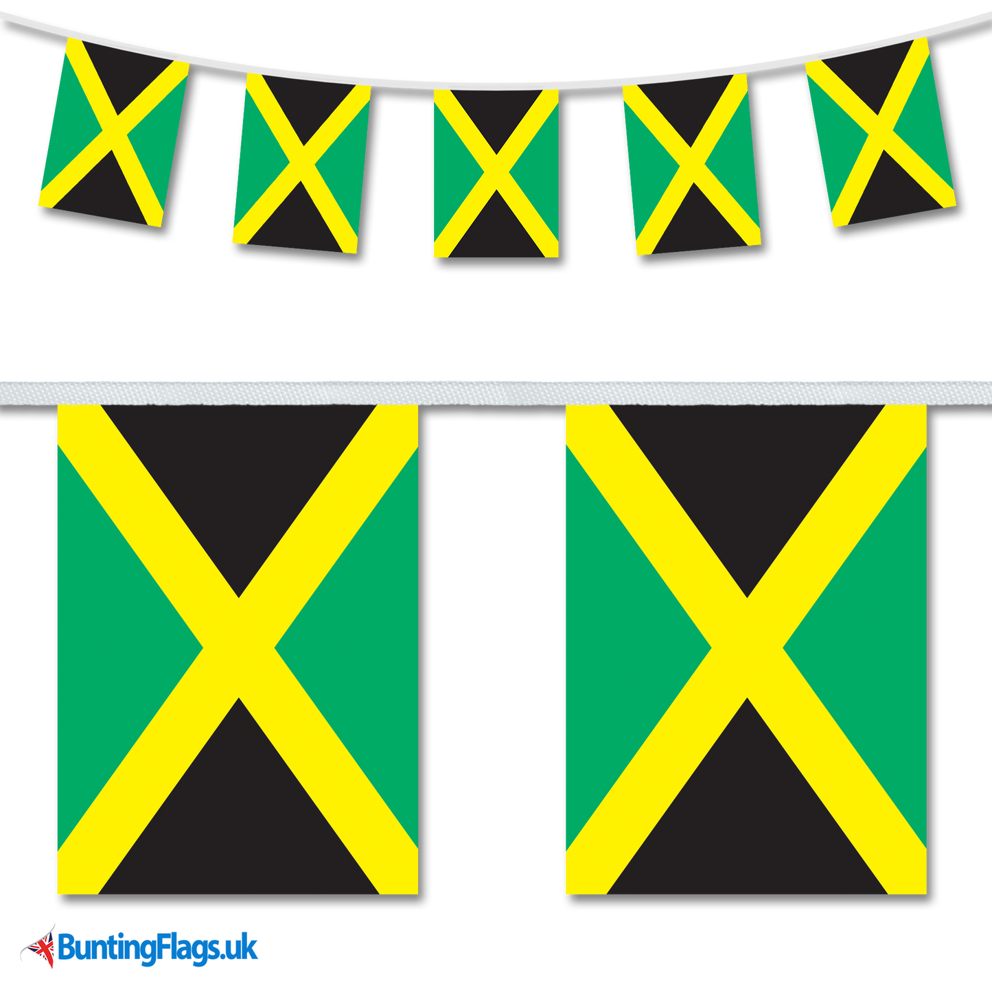 Jamaica country flag bunting image, with the bunting hanging in a length, plus a close-up view showcasing the flag's colourful design.