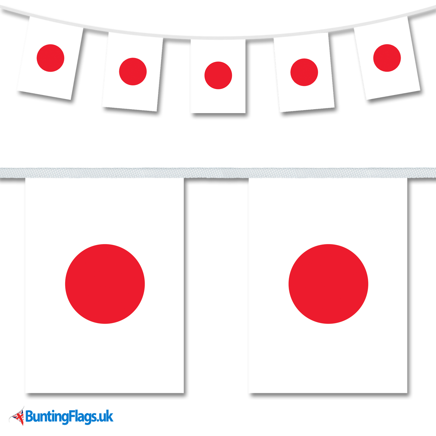 Japan country flag bunting image, with the bunting hanging in a length, plus a close-up view showcasing the flag's colourful design.