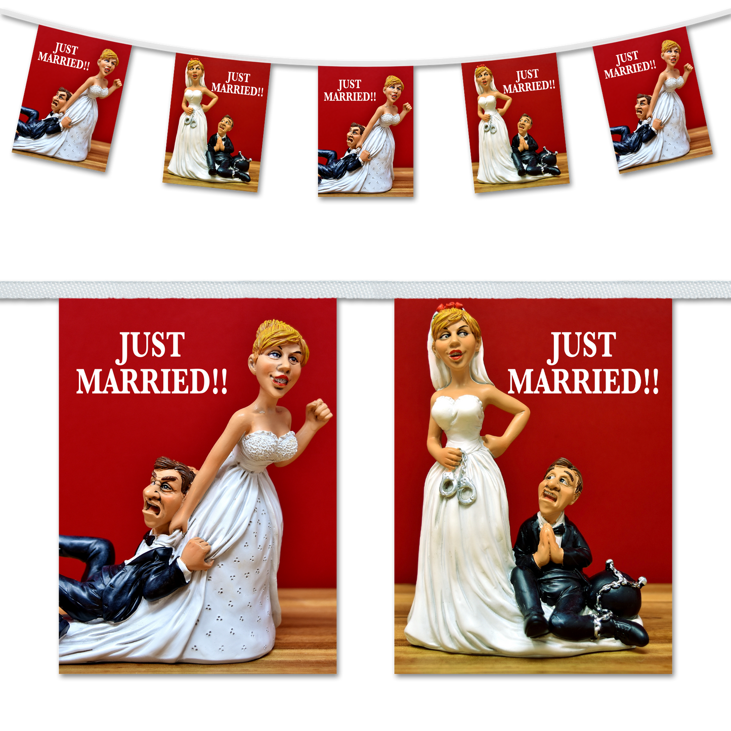 Humorous wedding-themed bunting flags featuring a man and a woman in wedding attire, with the text 'JUST MARRIED!' and the flags display various playful scenes of a couple on their wedding day.