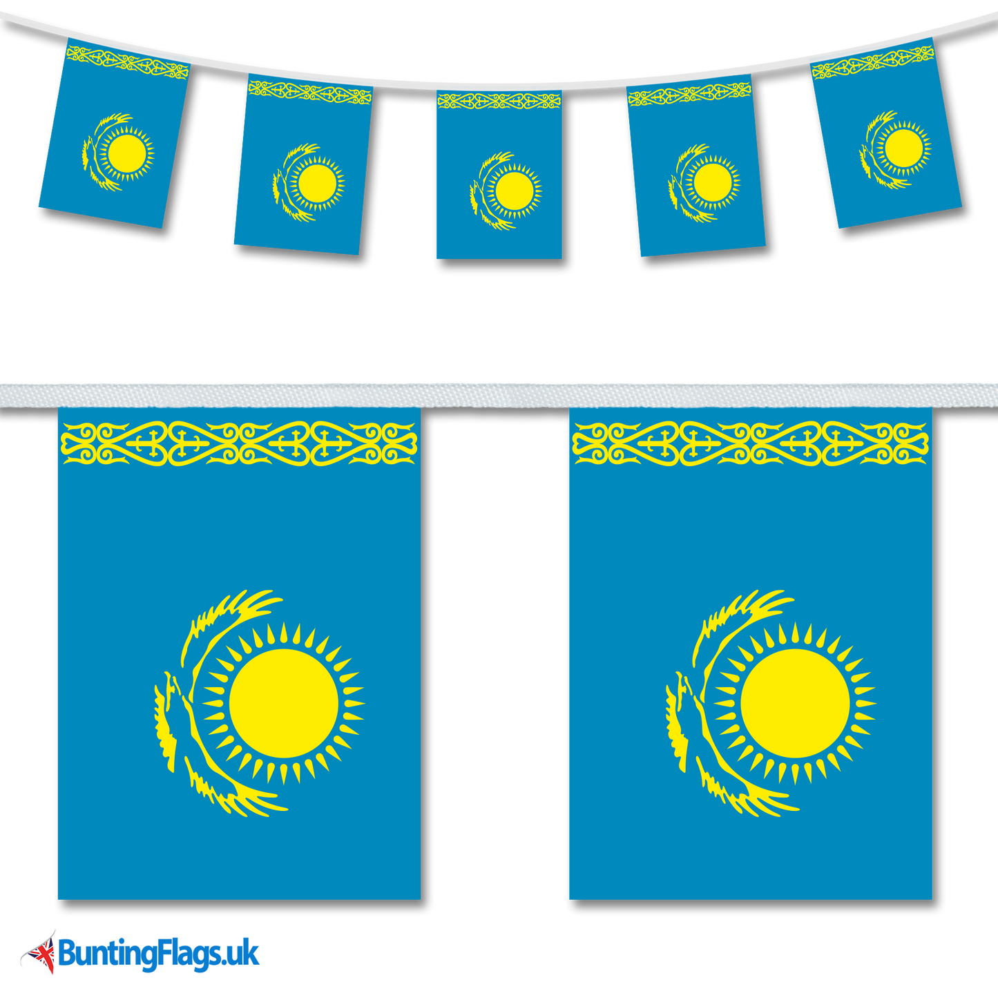 Kazakhstan country flag bunting image, with the bunting hanging in a length, plus a close-up view showcasing the flag's colourful design.
