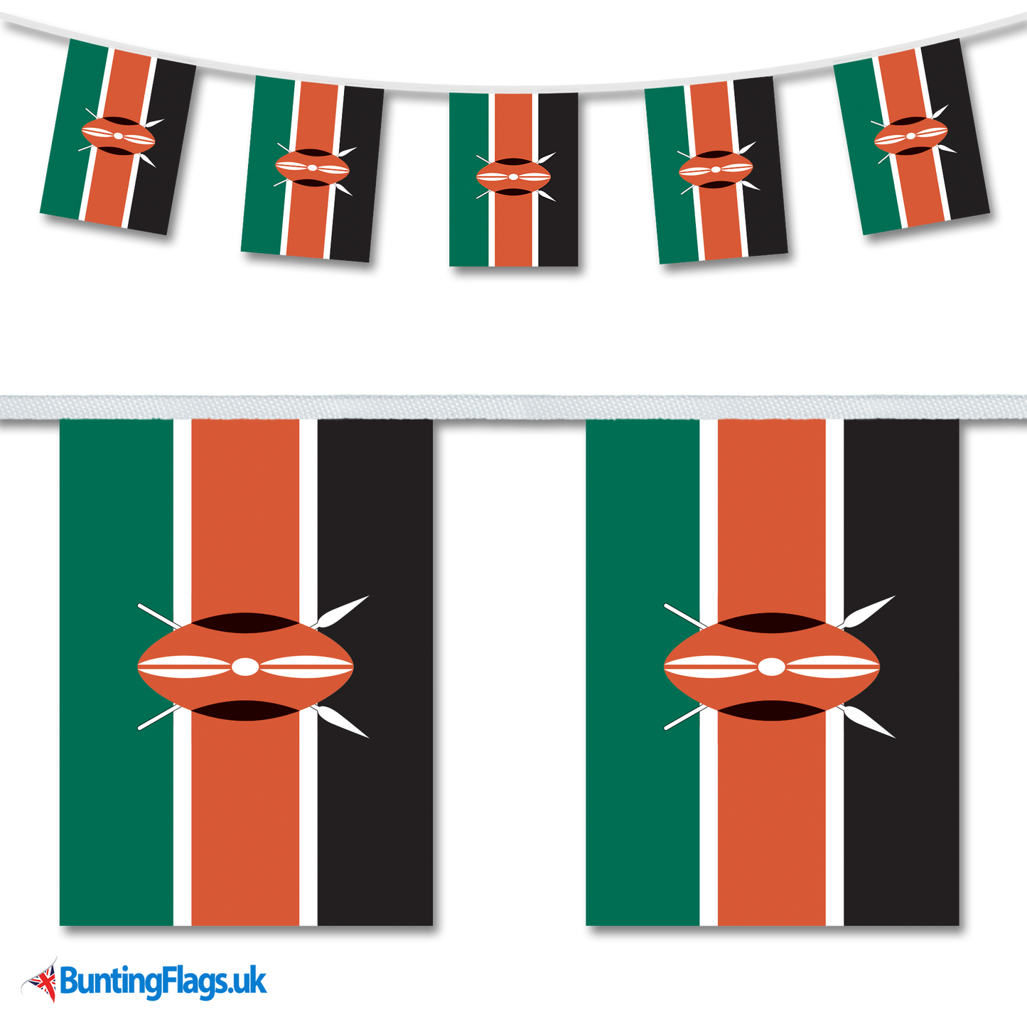 Kenya country flag bunting image, with the bunting hanging in a length, plus a close-up view showcasing the flag's colourful design.
