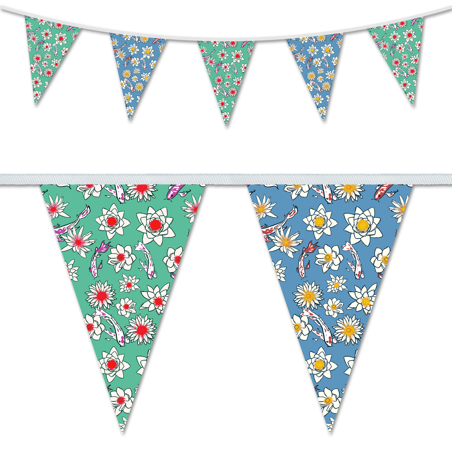 A set of three triangular bunting flags with a nature-themed design featuring koy carp and daisies, in shades of blue, green, and white.