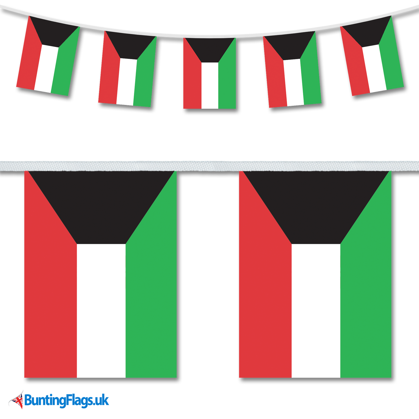 Kuwait country flag bunting image, with the bunting hanging in a length, plus a close-up view showcasing the flag's colourful design.