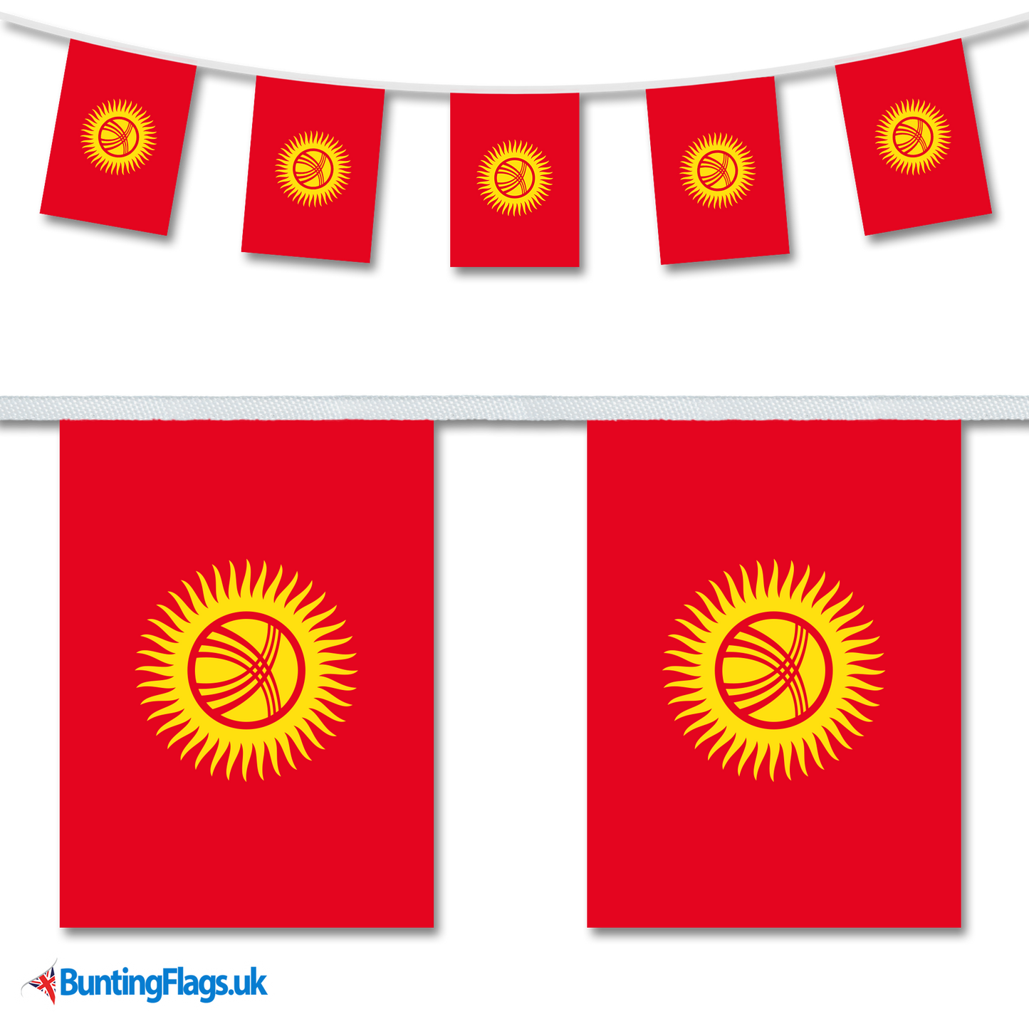 Kyrgyzstan country flag bunting image, with the bunting hanging in a length, plus a close-up view showcasing the flag's colourful design.