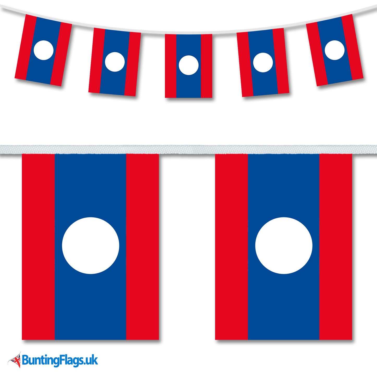 Laos country flag bunting image, with the bunting hanging in a length, plus a close-up view showcasing the flag's colourful design.