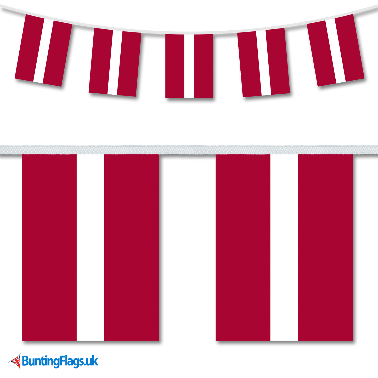 Latvia country flag bunting image, with the bunting hanging in a length, plus a close-up view showcasing the flag's colourful design.