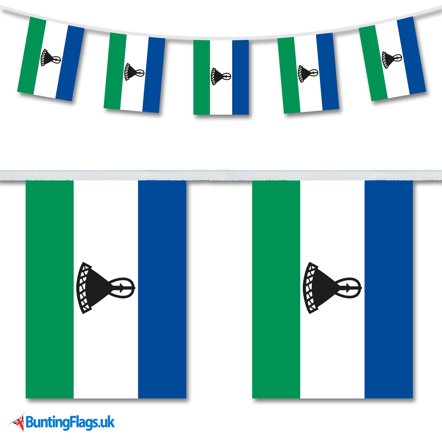 Lesotho country flag bunting image, with the bunting hanging in a length, plus a close-up view showcasing the flag's colourful design.