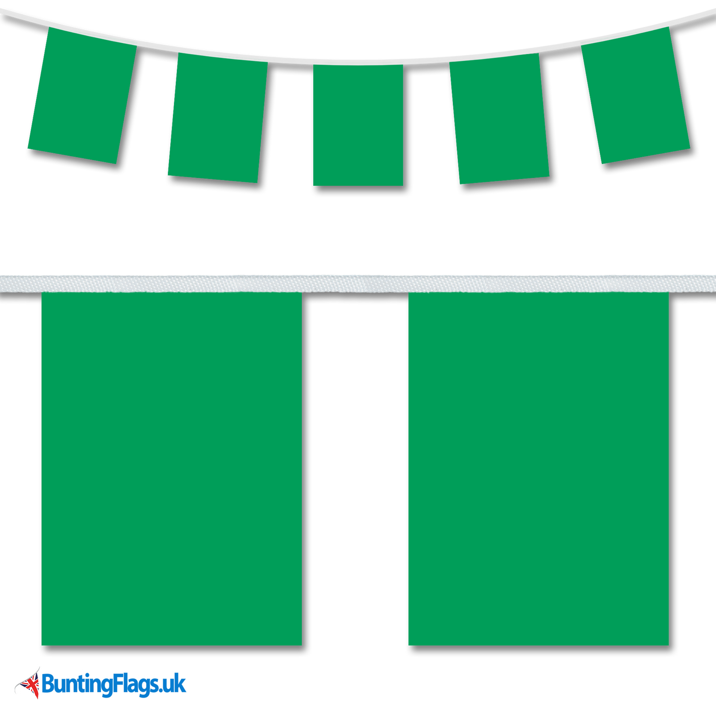 Libya country flag bunting image, with the bunting hanging in a length, plus a close-up view showcasing the flag's colourful design.