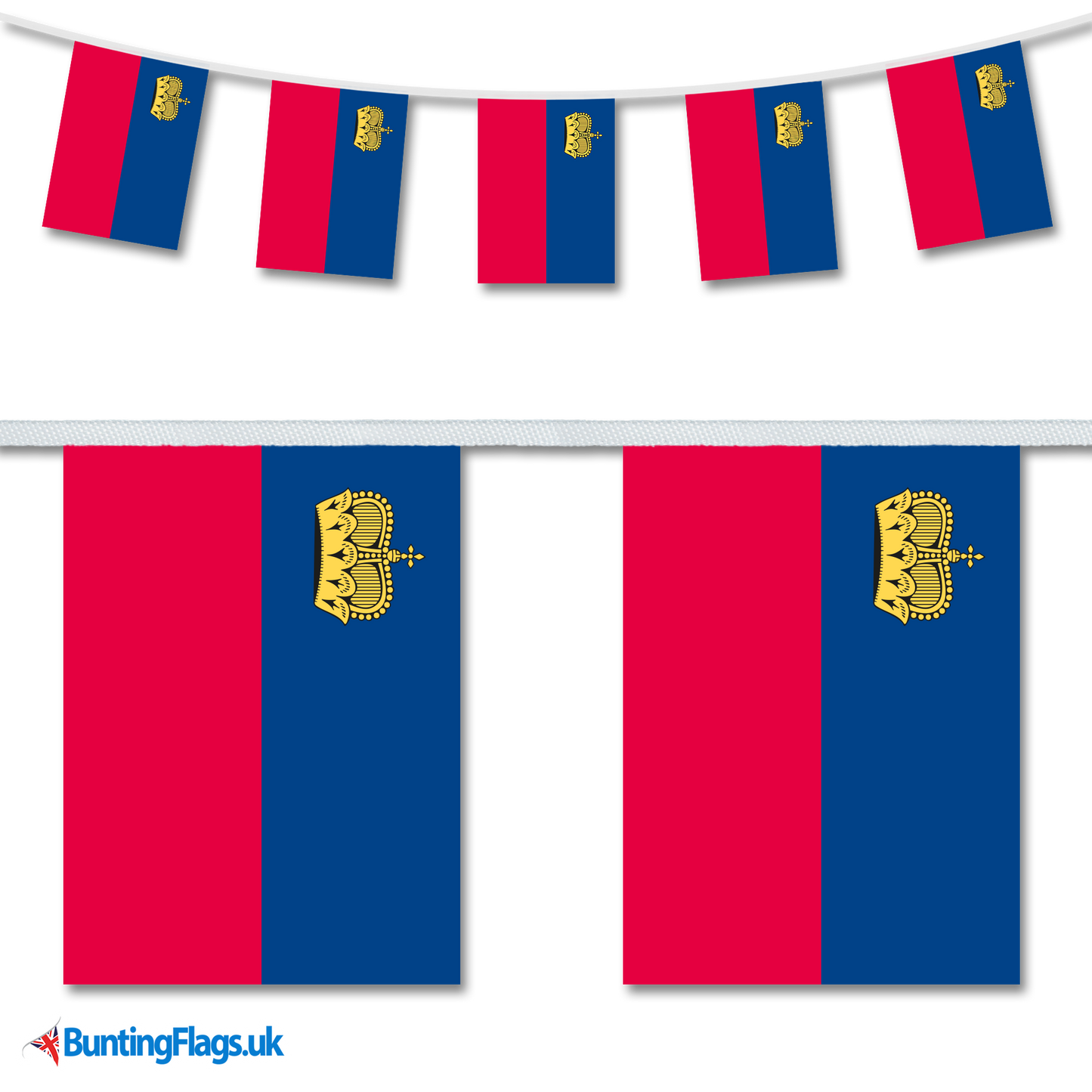 Liechtenstein country flag bunting image, with the bunting hanging in a length, plus a close-up view showcasing the flag's colourful design.