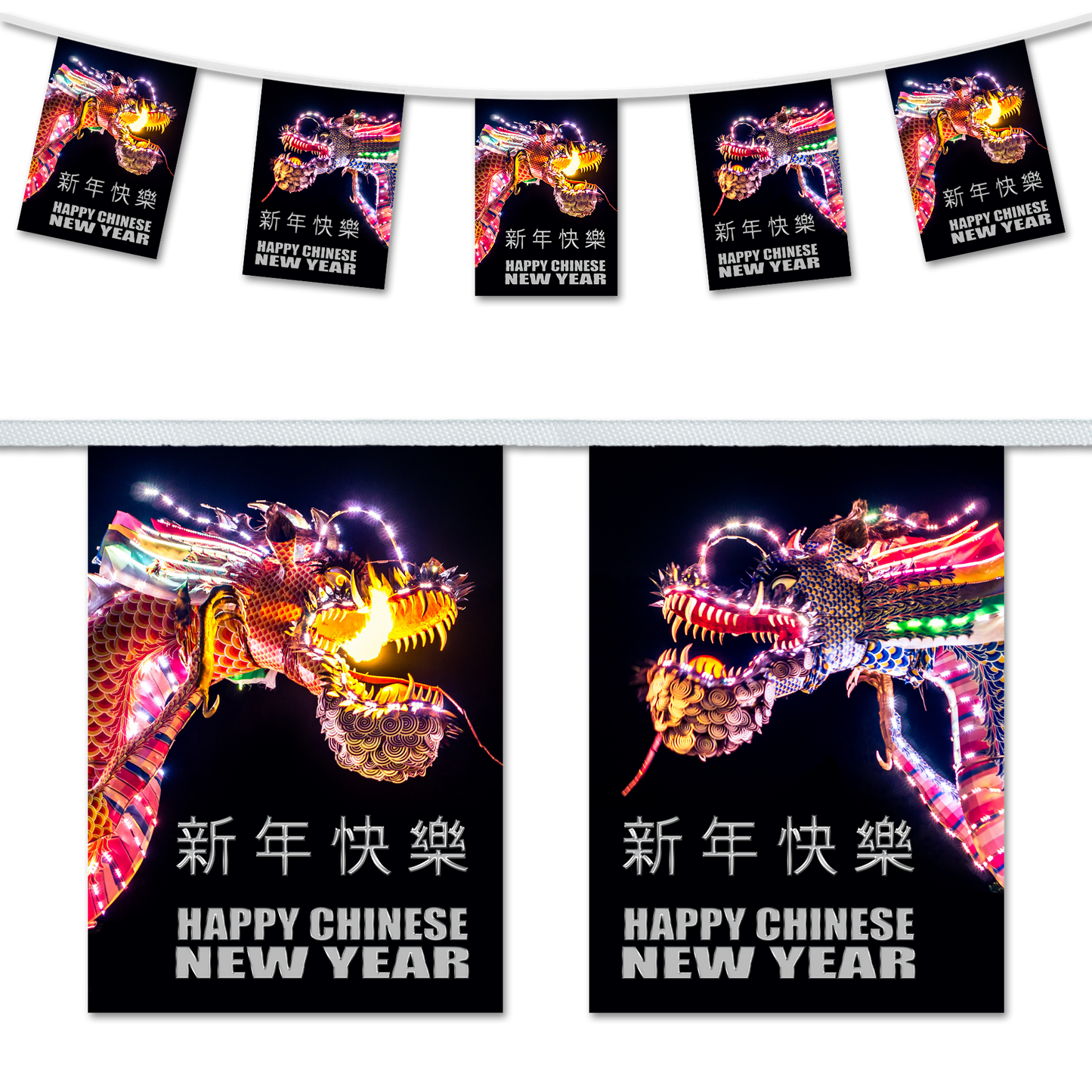 A set of Chinese New Year themed bunting flags featuring a multicolored dragon design with 'Happy Chinese New Year' text, and a smaller inset image showing a close-up of the dragon's head and neck with LED lights.