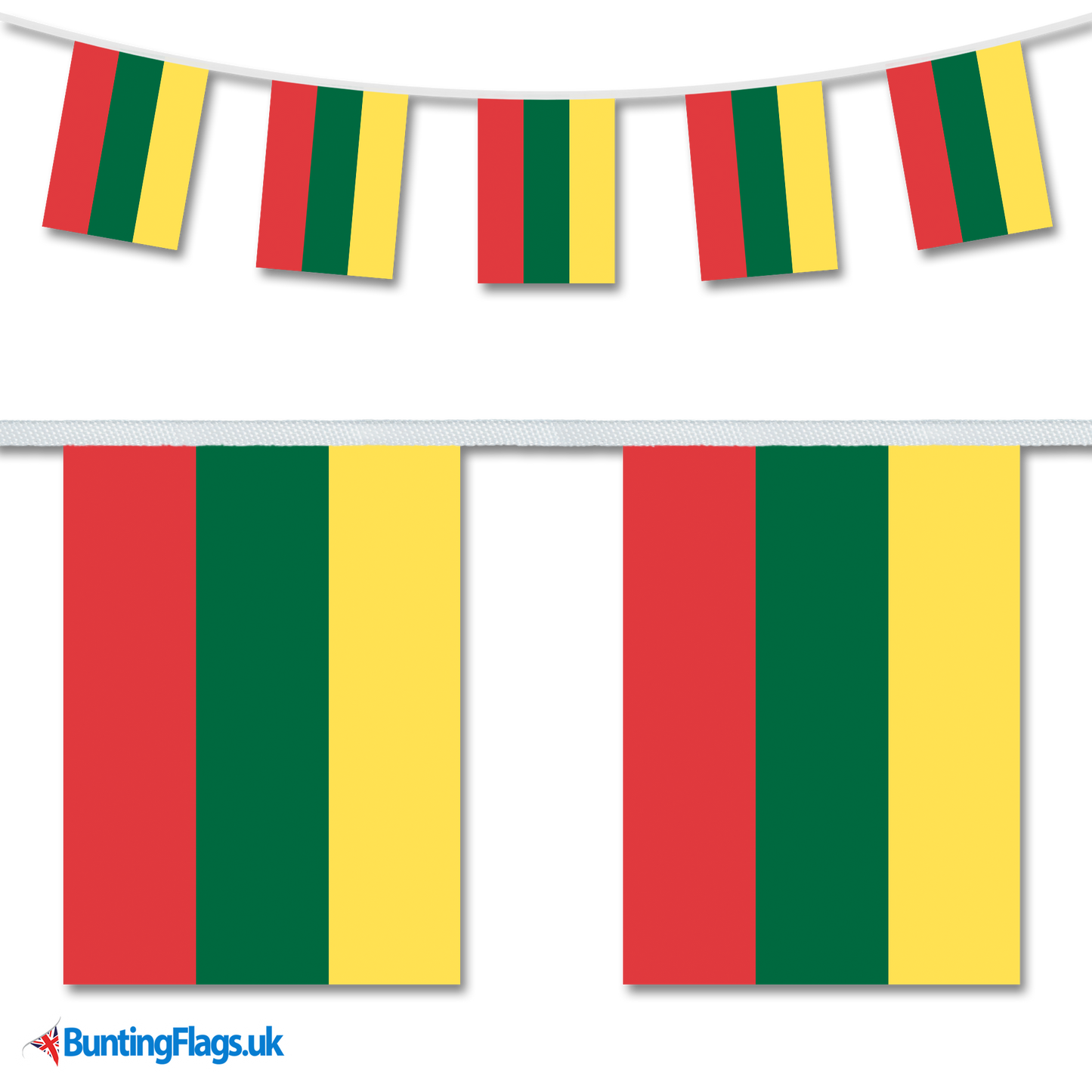 Lithuania country flag bunting image, with the bunting hanging in a length, plus a close-up view showcasing the flag's colourful design.