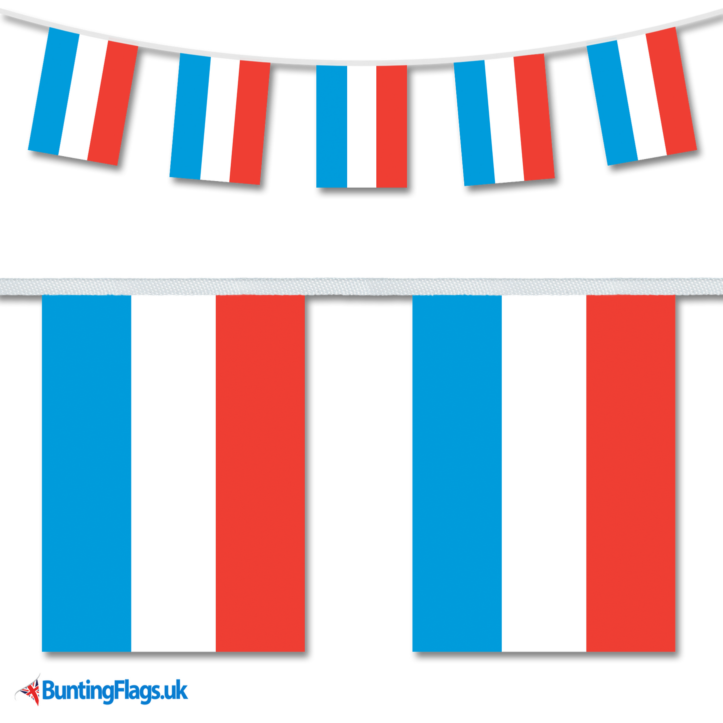 Luxembourg country flag bunting image, with the bunting hanging in a length, plus a close-up view showcasing the flag's colourful design.