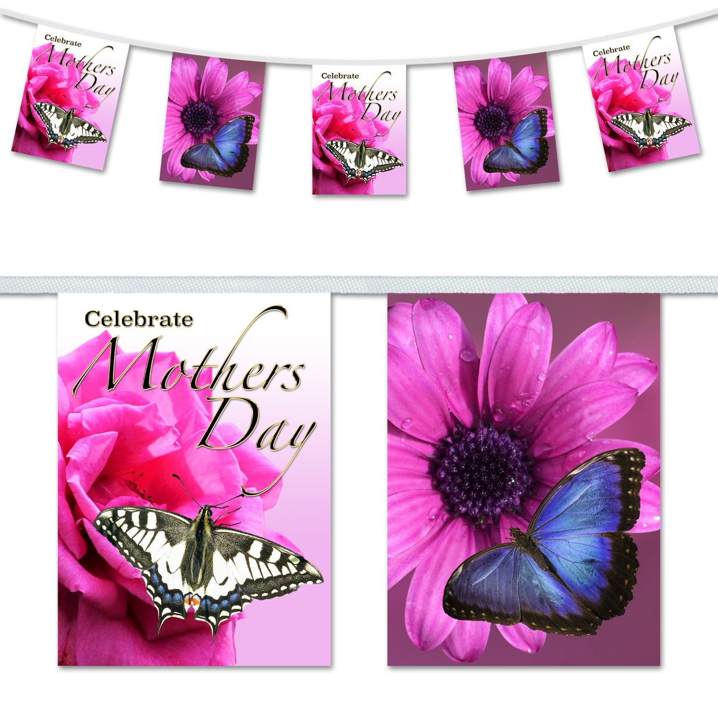 A set of Mother's Day themed bunting flags featuring images of butterflies and flowers with the text 'CELEBRATE MOTHER'S DAY'.