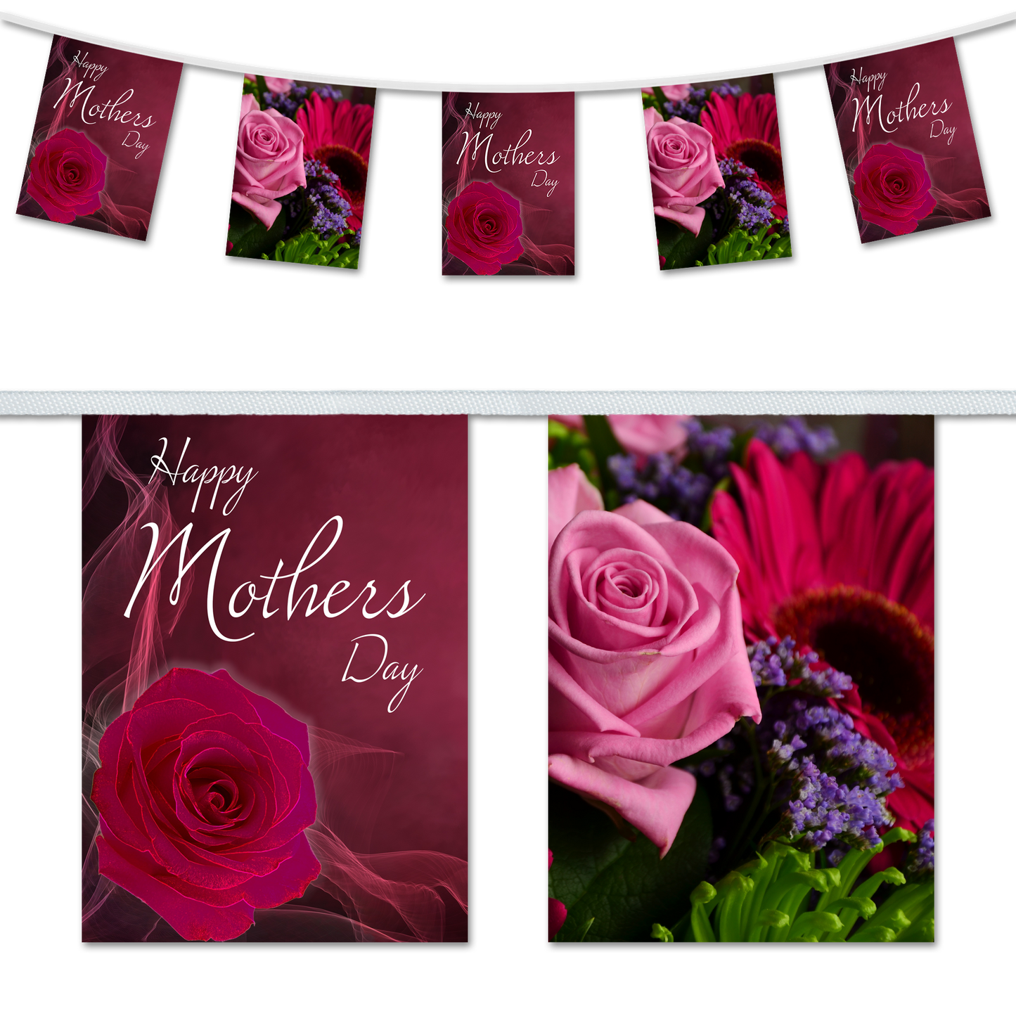 A set of Mothers Day bunting flags featuring images of pink roses and mixed flowers with the text 'Happy Mother's Day' on a red background.