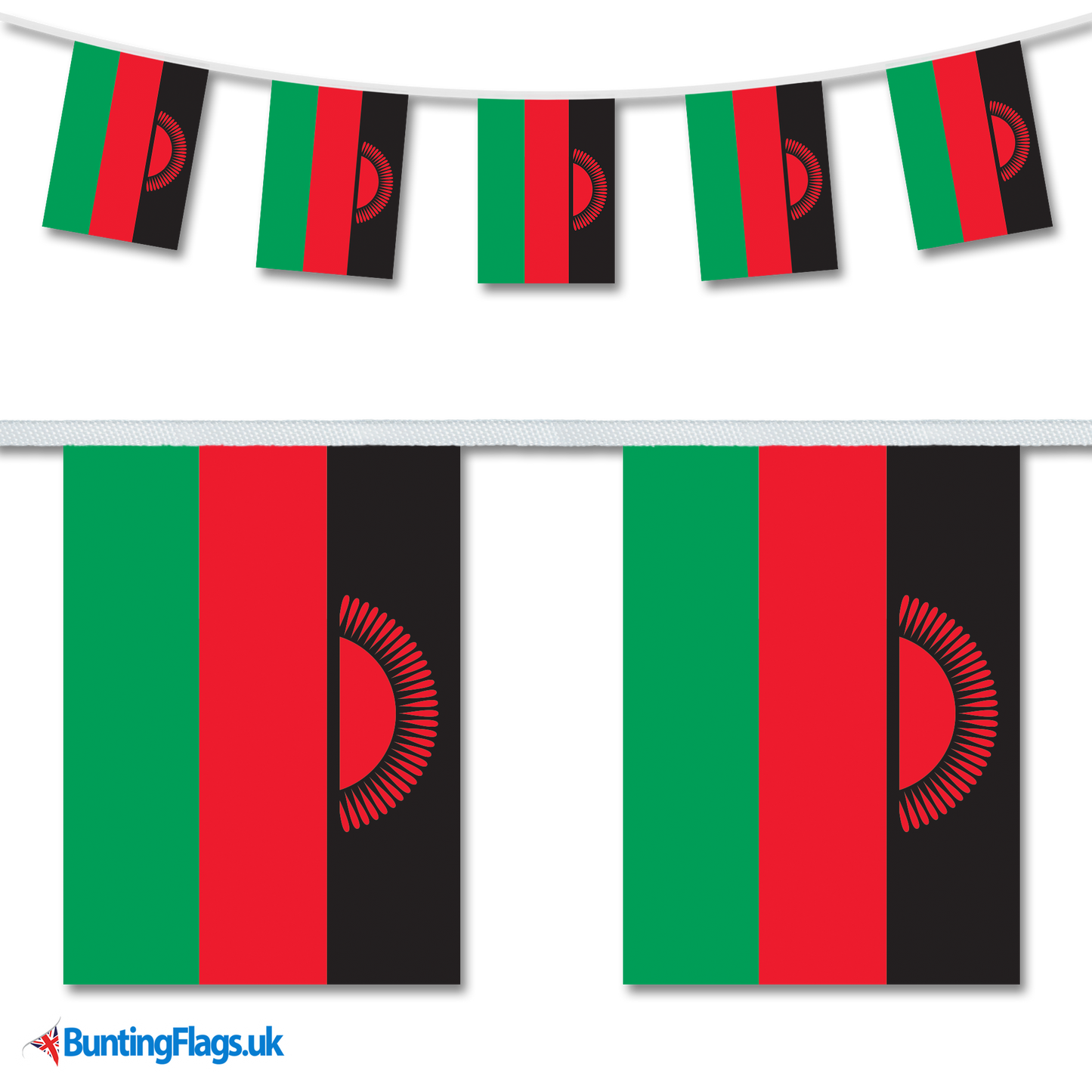 Malawi country flag bunting image, with the bunting hanging in a length, plus a close-up view showcasing the flag's colourful design.