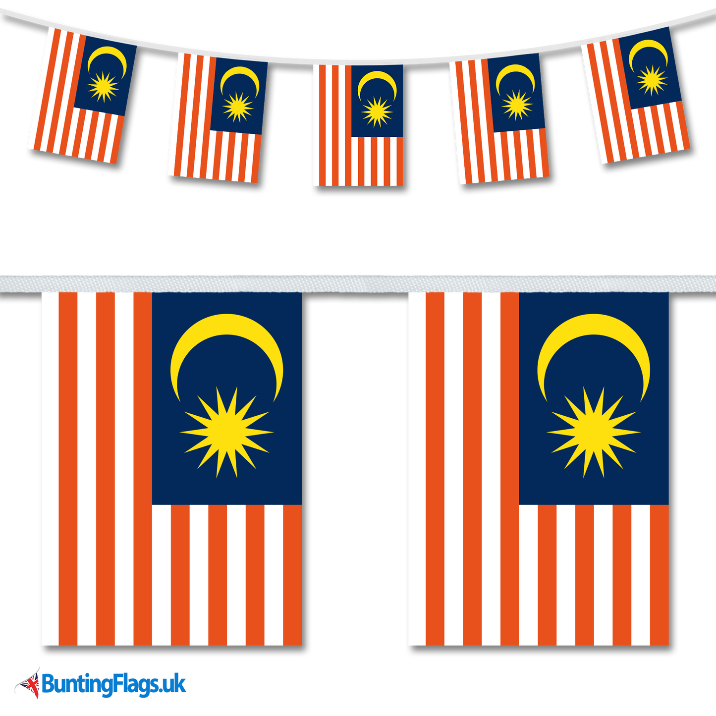 Malaysia country flag bunting image, with the bunting hanging in a length, plus a close-up view showcasing the flag's colourful design.