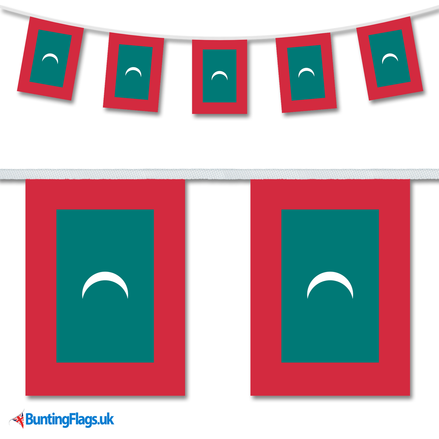 Maldives country flag bunting image, with the bunting hanging in a length, plus a close-up view showcasing the flag's colourful design.