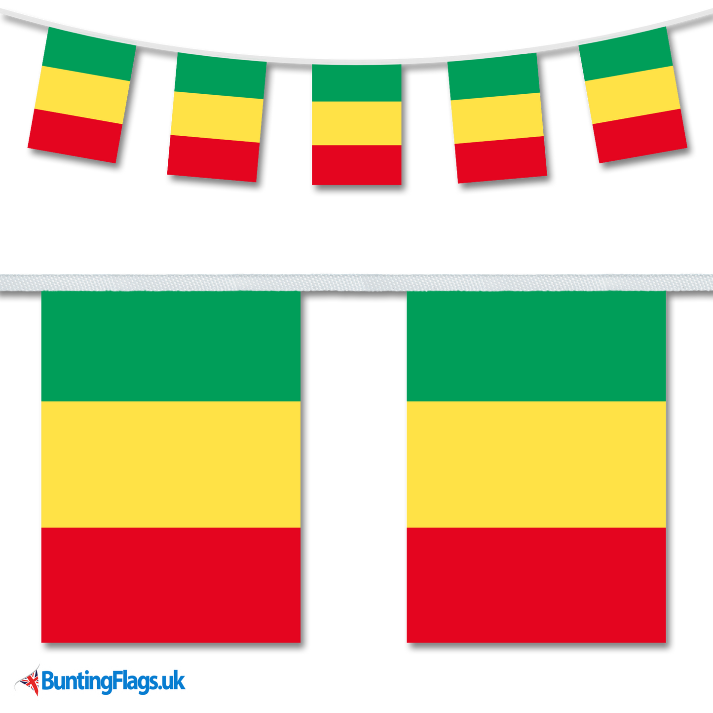 Mali country flag bunting image, with the bunting hanging in a length, plus a close-up view showcasing the flag's colourful design.