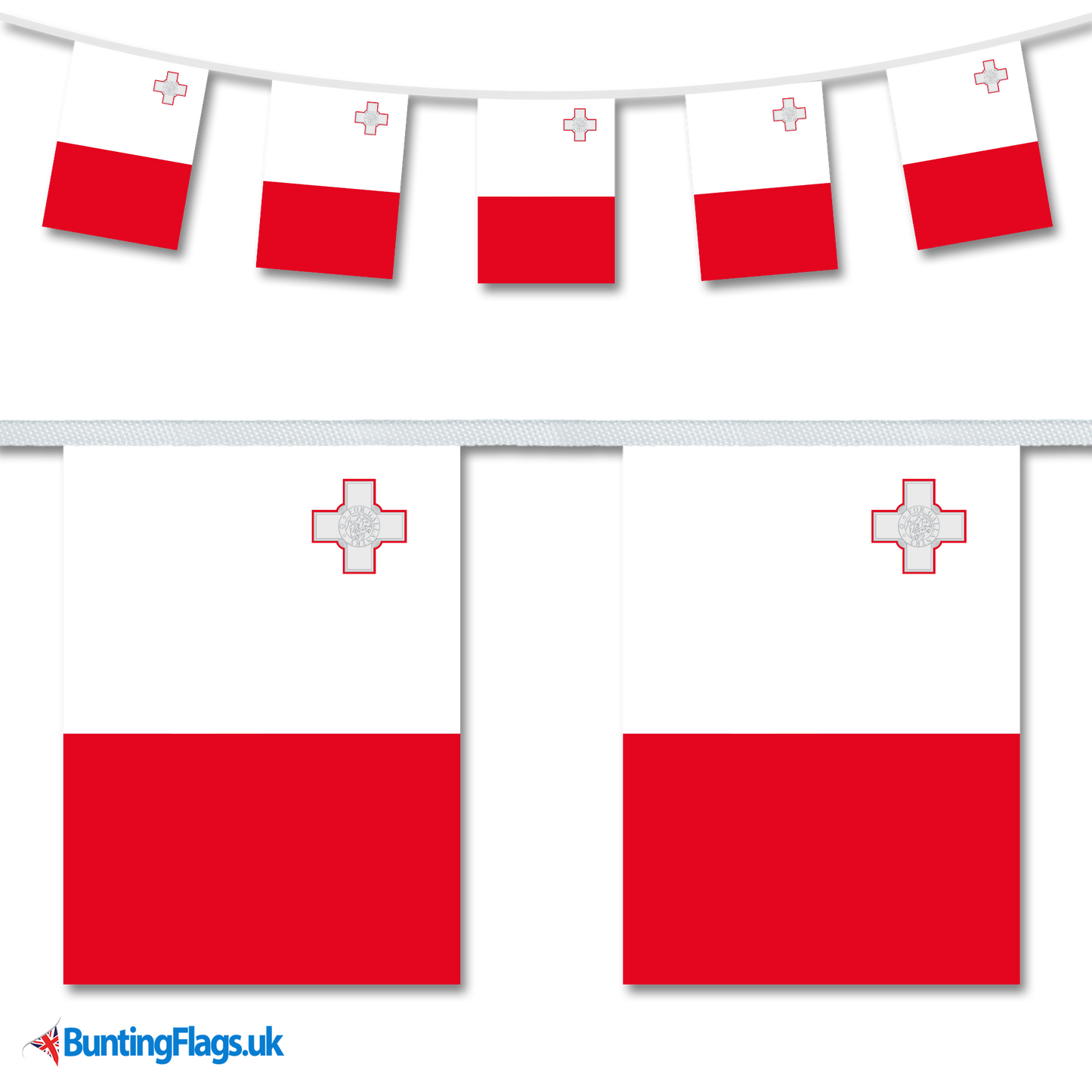 Malta country flag bunting image, with the bunting hanging in a length, plus a close-up view showcasing the flag's colourful design.