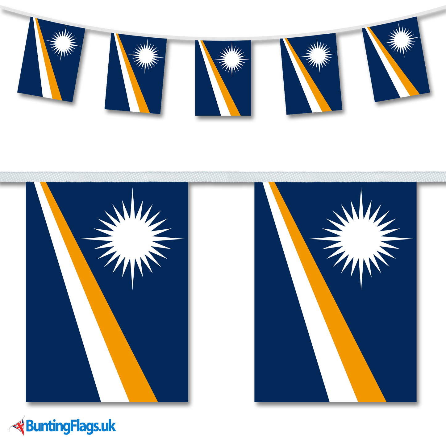 Marshall Islands country flag bunting image, with the bunting hanging in a length, plus a close-up view showcasing the flag's colorful design.