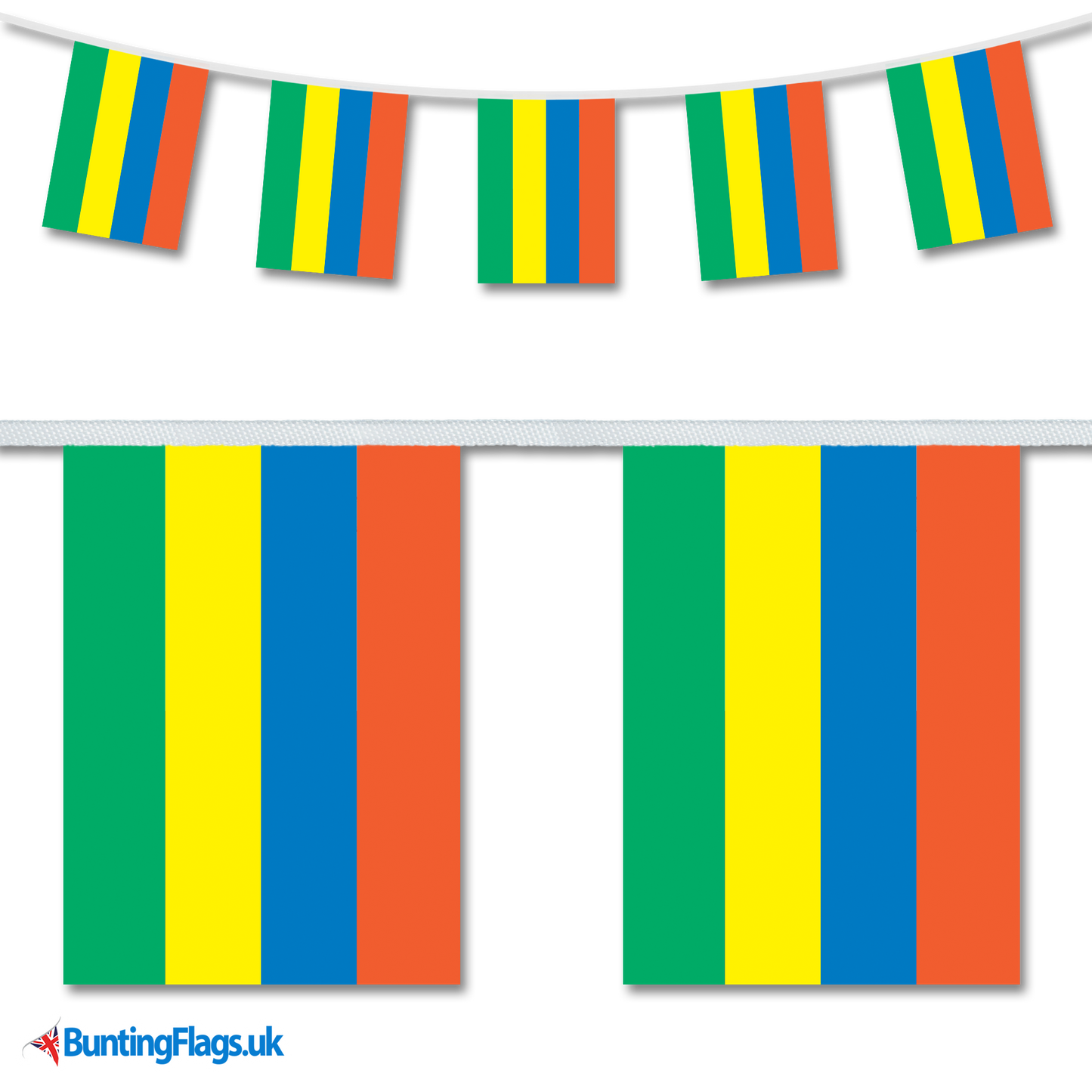 Mauritius country flag bunting image, with the bunting hanging in a length, plus a close-up view showcasing the flag's colorful design.