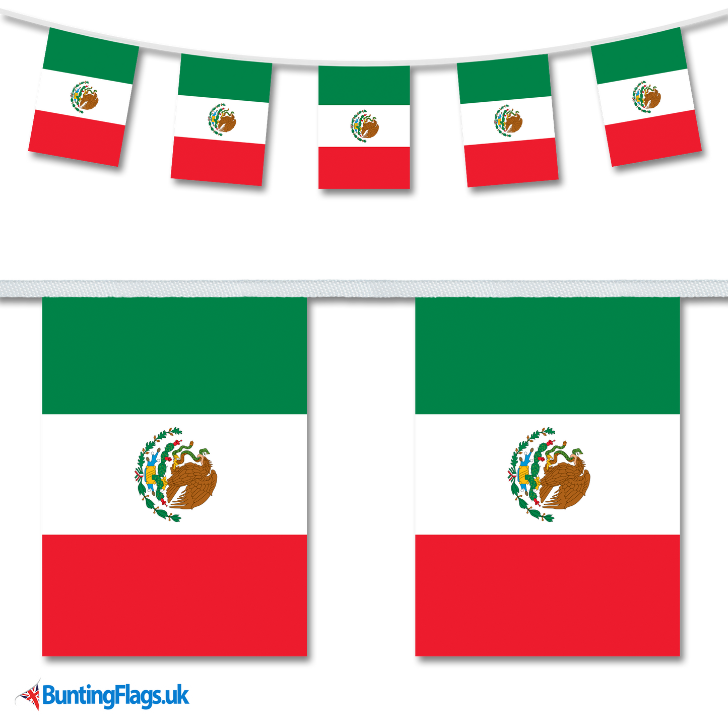 Mexico country flag bunting image, with the bunting hanging in a length, plus a close-up view showcasing the flag's colorful design.