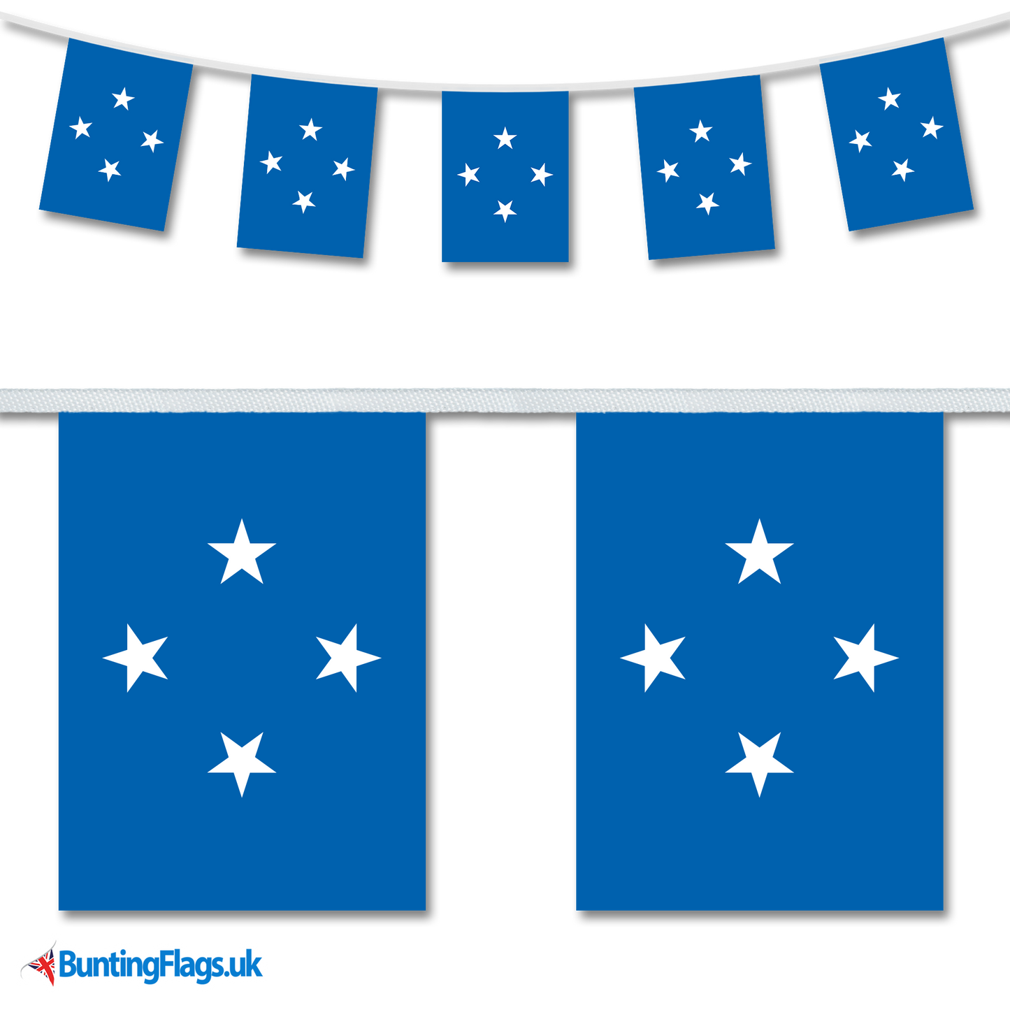 Micronesia country flag bunting image, with the bunting hanging in a length, plus a close-up view showcasing the flag's colorful design.
