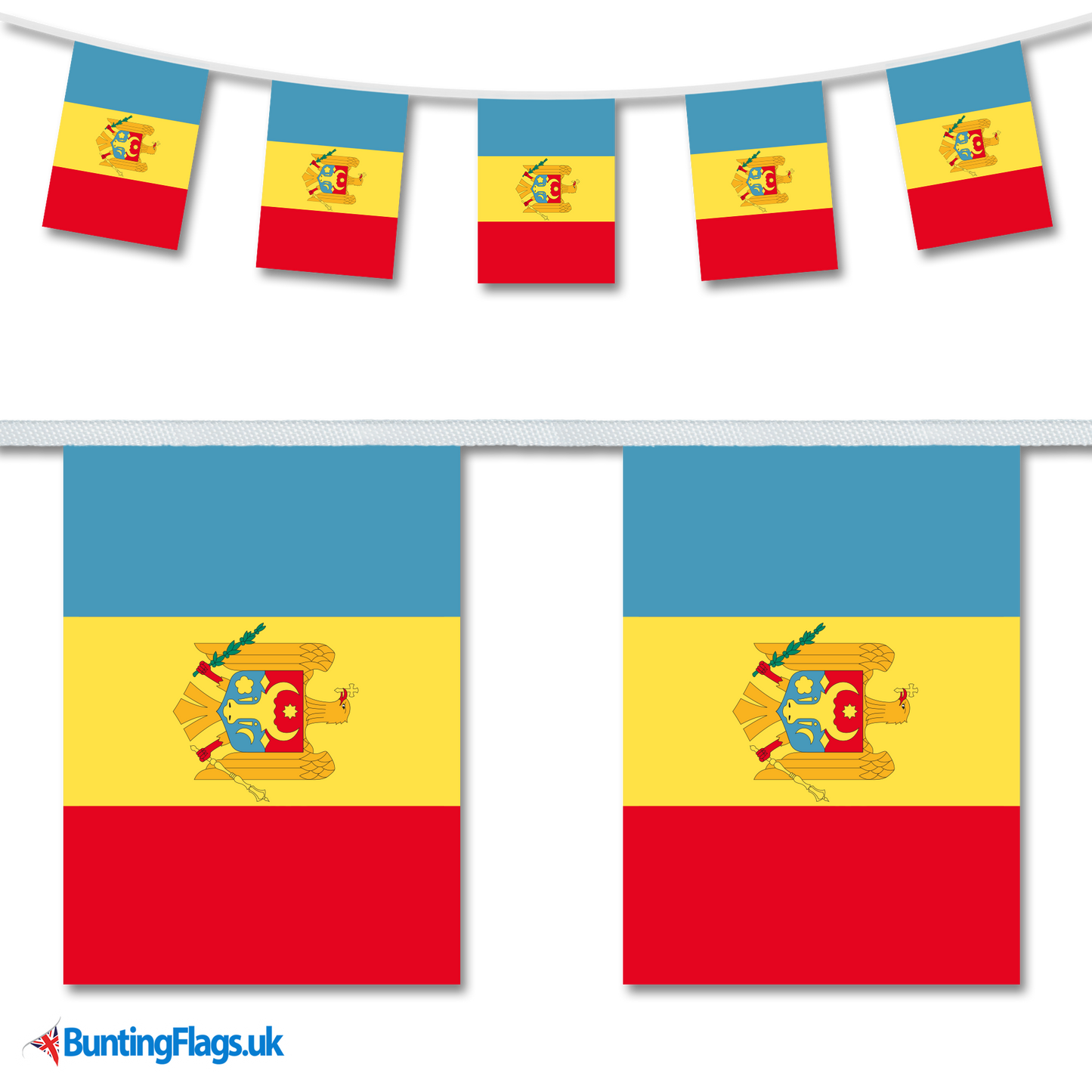 Moldova country flag bunting image, with the bunting hanging in a length, plus a close-up view showcasing the flag's colorful design.